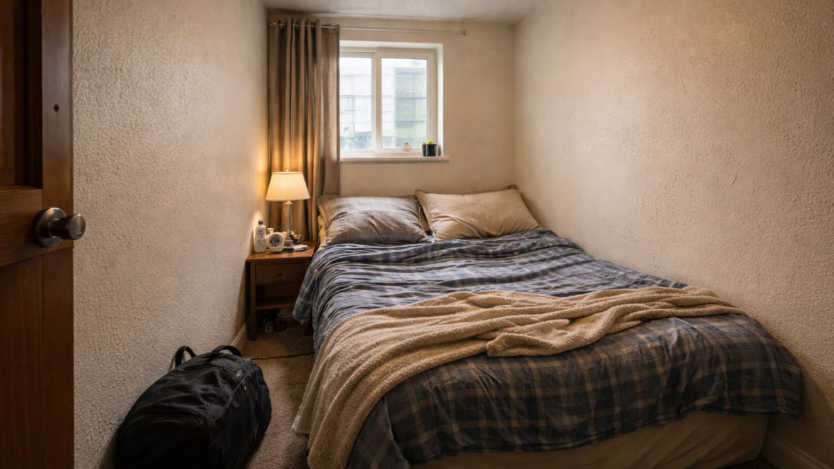 Bedroom before the on-site relaunch: tired bedding and clutter