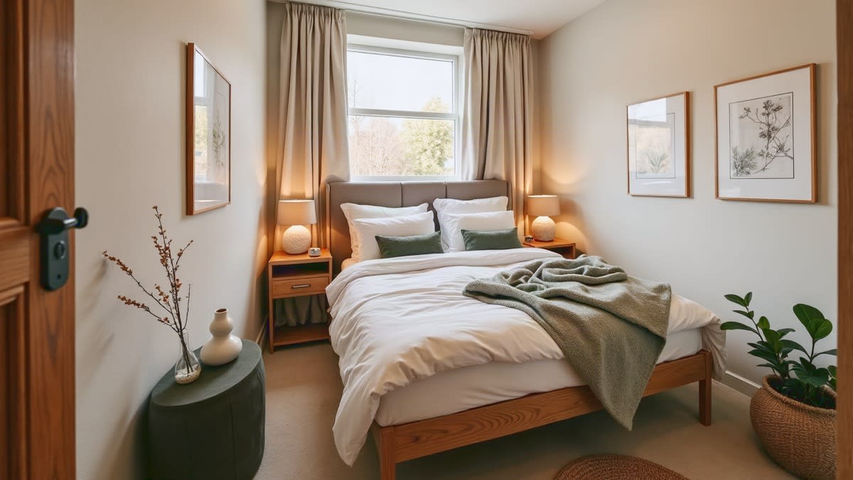 The same bedroom after an on-site relaunch: restyled in a bright Scandinavian look with crisp white bedding, wall art and plants